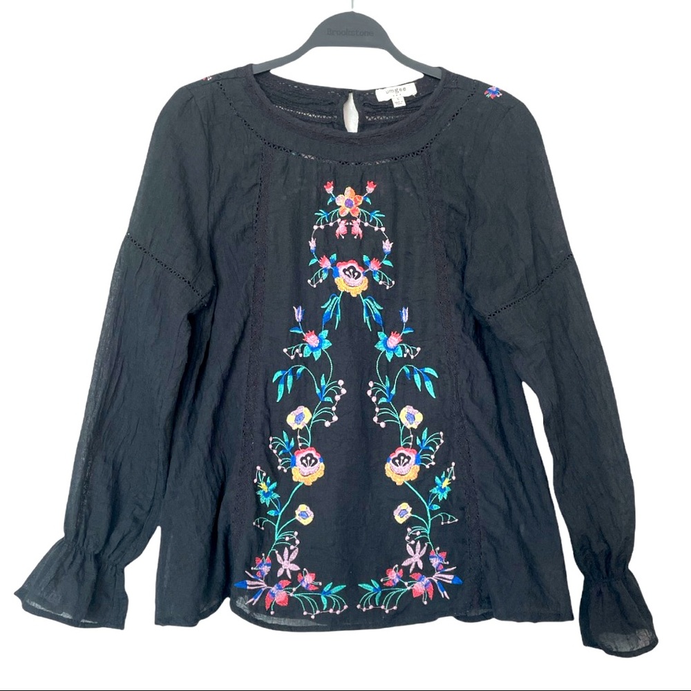 Umgee Floral Embroidered Floral Black Long Sleeve Lightweight Blouse Size Small